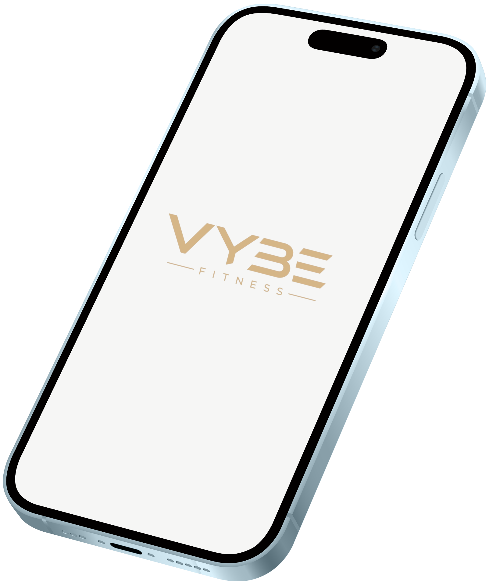 Mockup av en mobiltelefon med logoen til VYBE Fitness på skjermen